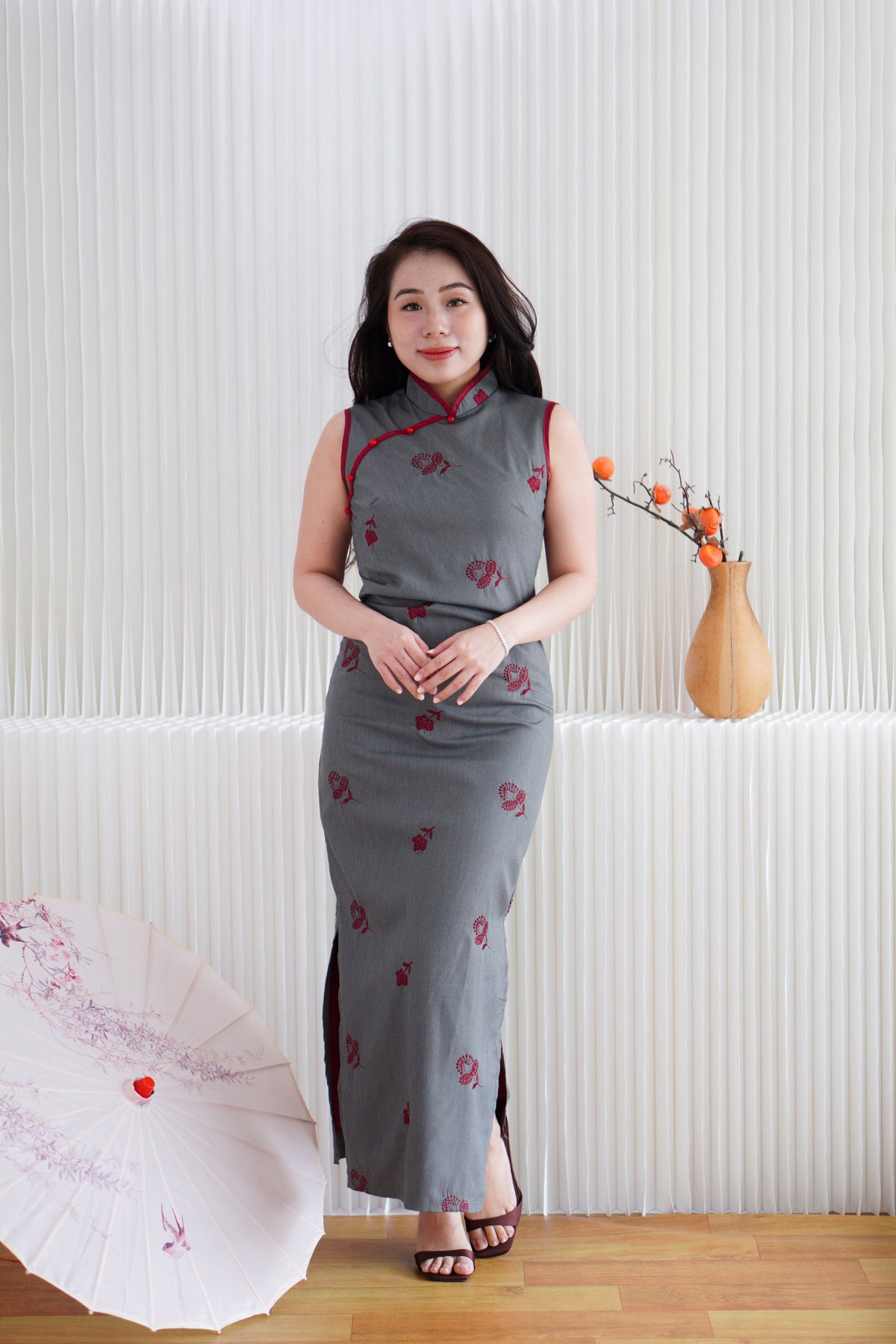 Yu Ting Straight Cut High Neck Cheongsam in Dark Grey and Red