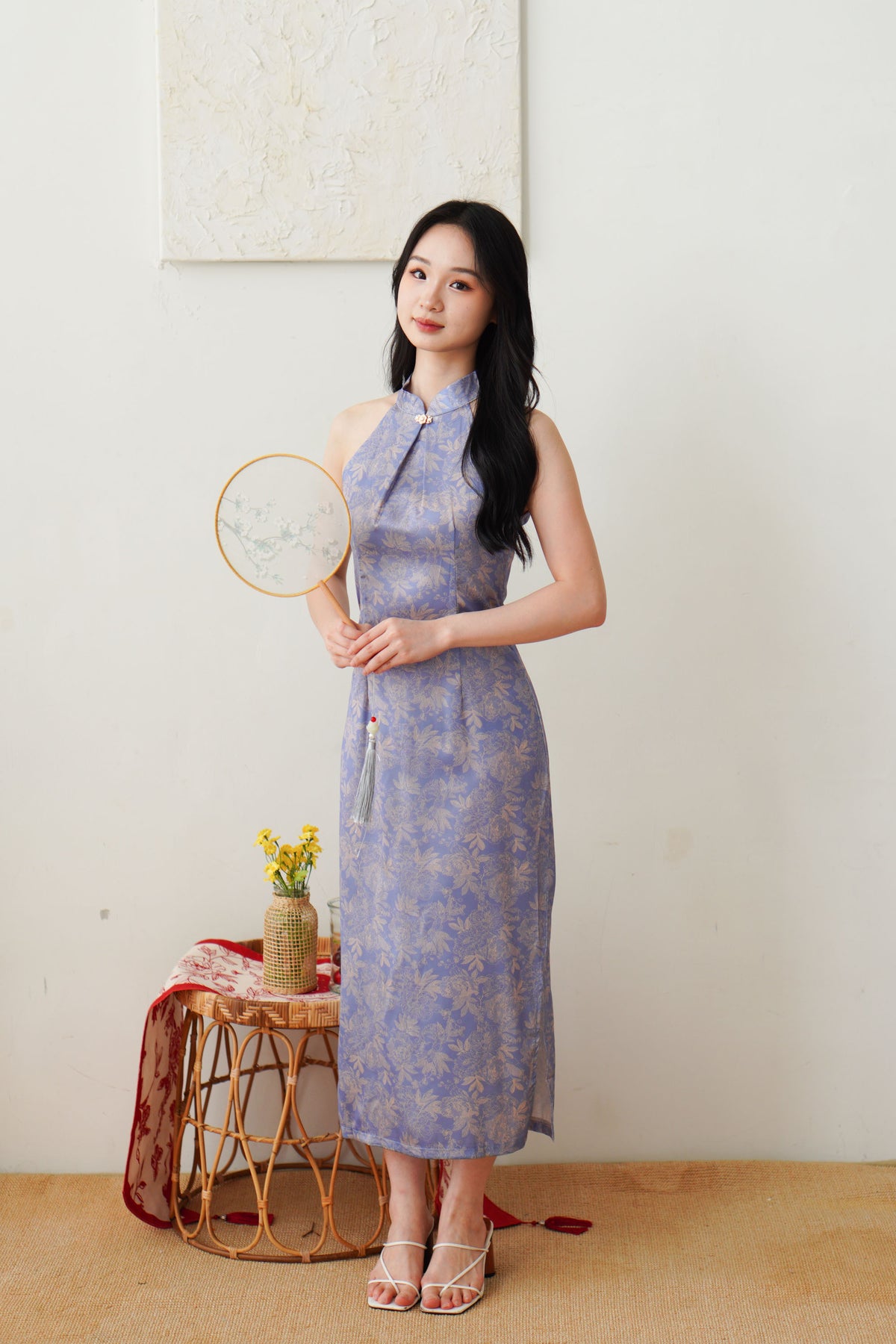Qian Lan Halter Neck Floral Printed Cheongsam in Blue Purple