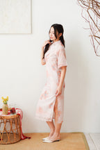 Xuan Wen Mid Sleeves Floral Maxi Cheongsam in Peach Pink
