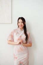 Xuan Wen Mid Sleeves Floral Maxi Cheongsam in Peach Pink