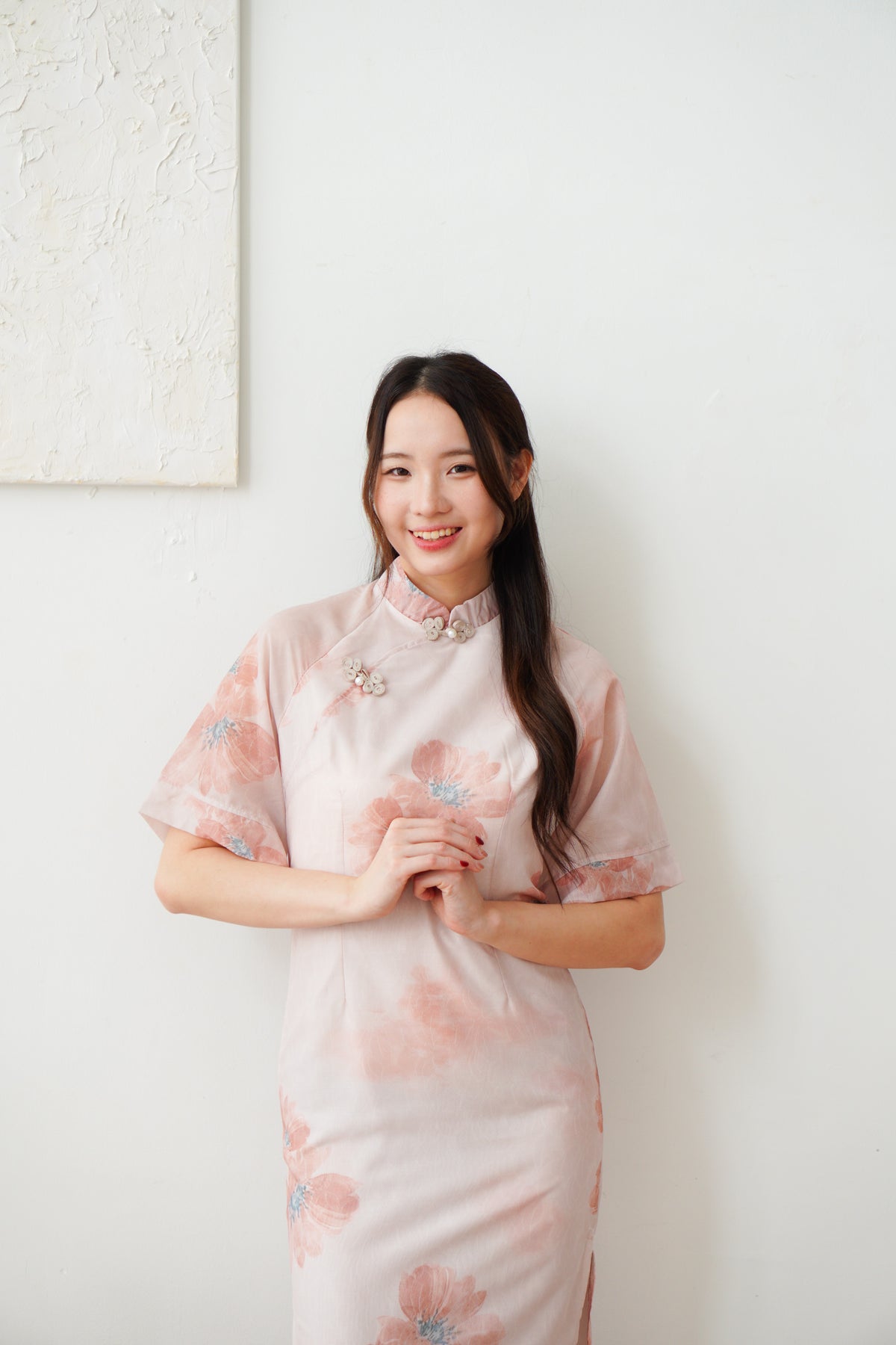 Xuan Wen Mid Sleeves Floral Maxi Cheongsam in Peach Pink