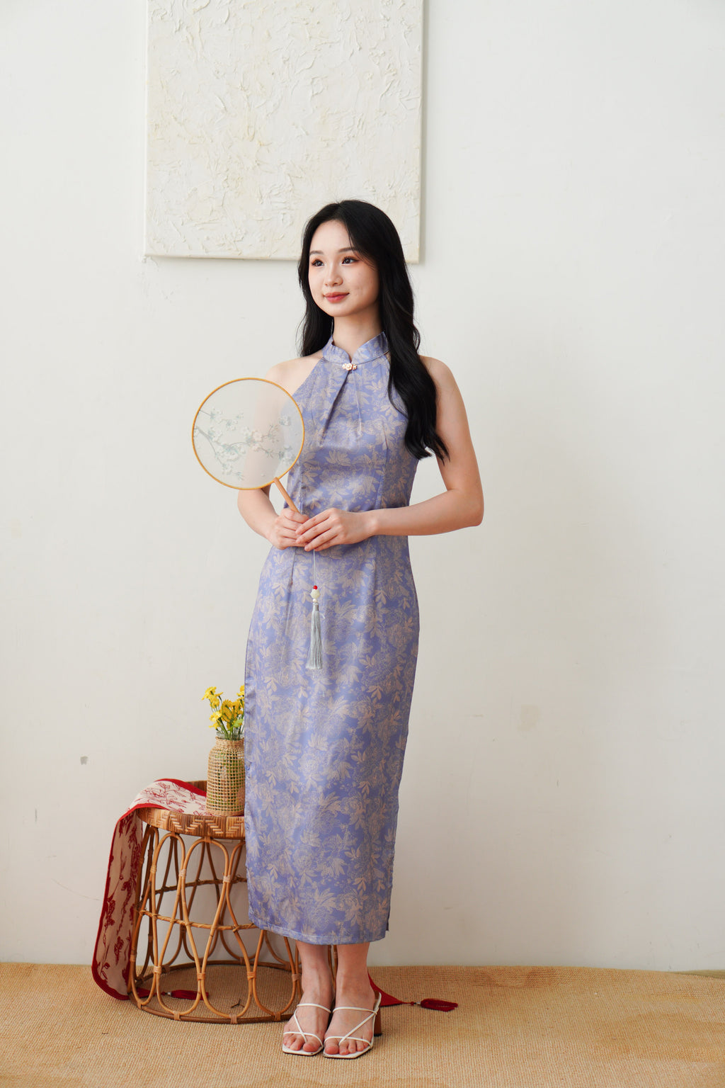 Qian Lan Halter Neck Floral Printed Cheongsam in Blue Purple