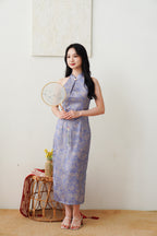 Qian Lan Halter Neck Floral Printed Cheongsam in Blue Purple