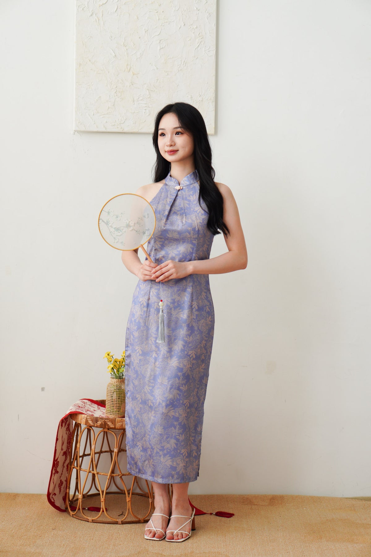 Qian Lan Halter Neck Floral Printed Cheongsam in Blue Purple