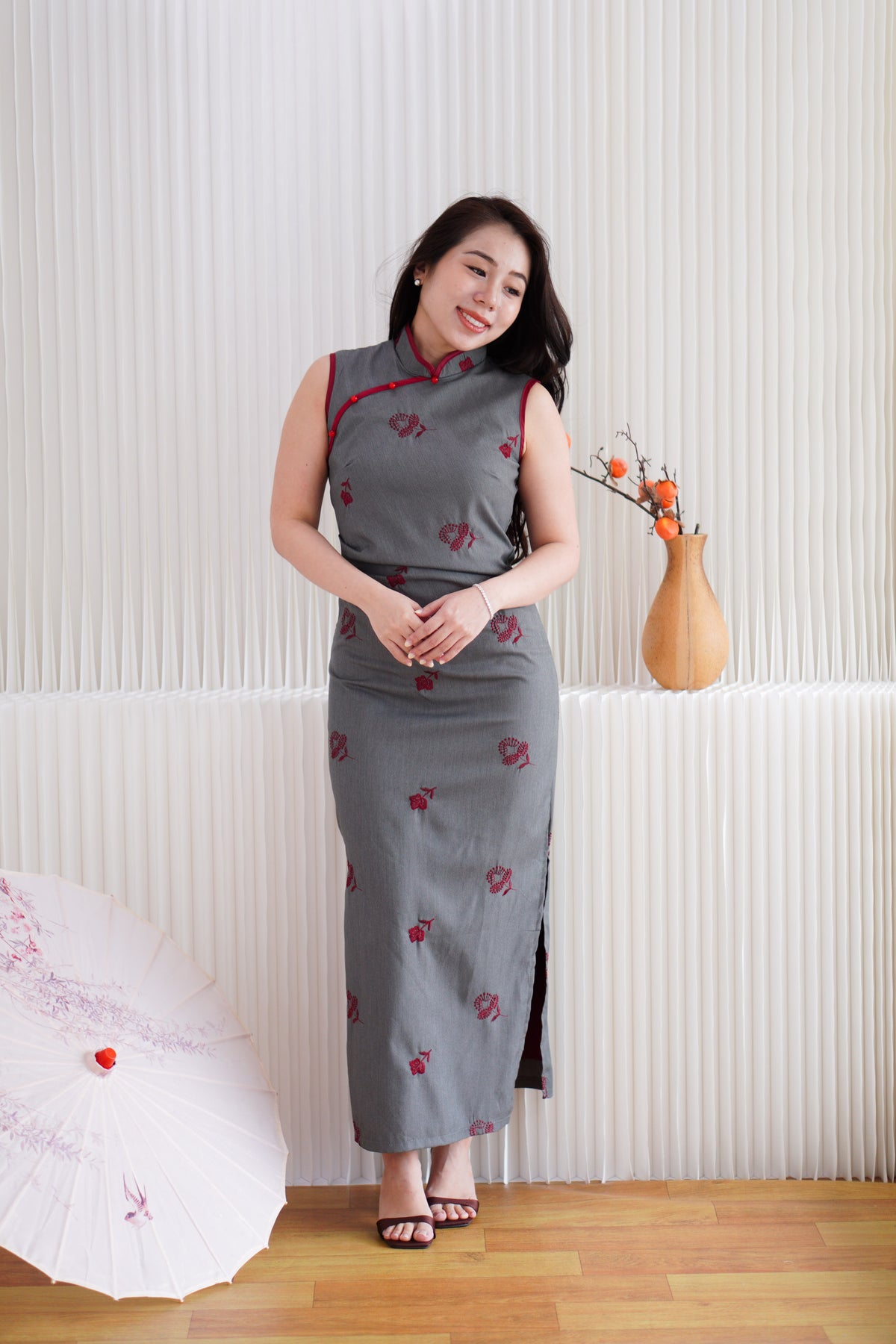 Yu Ting Straight Cut High Neck Cheongsam in Dark Grey and Red