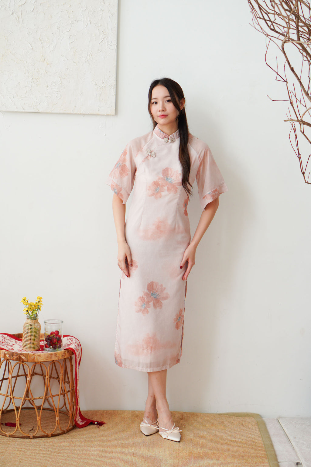 Xuan Wen Mid Sleeves Floral Maxi Cheongsam in Peach Pink