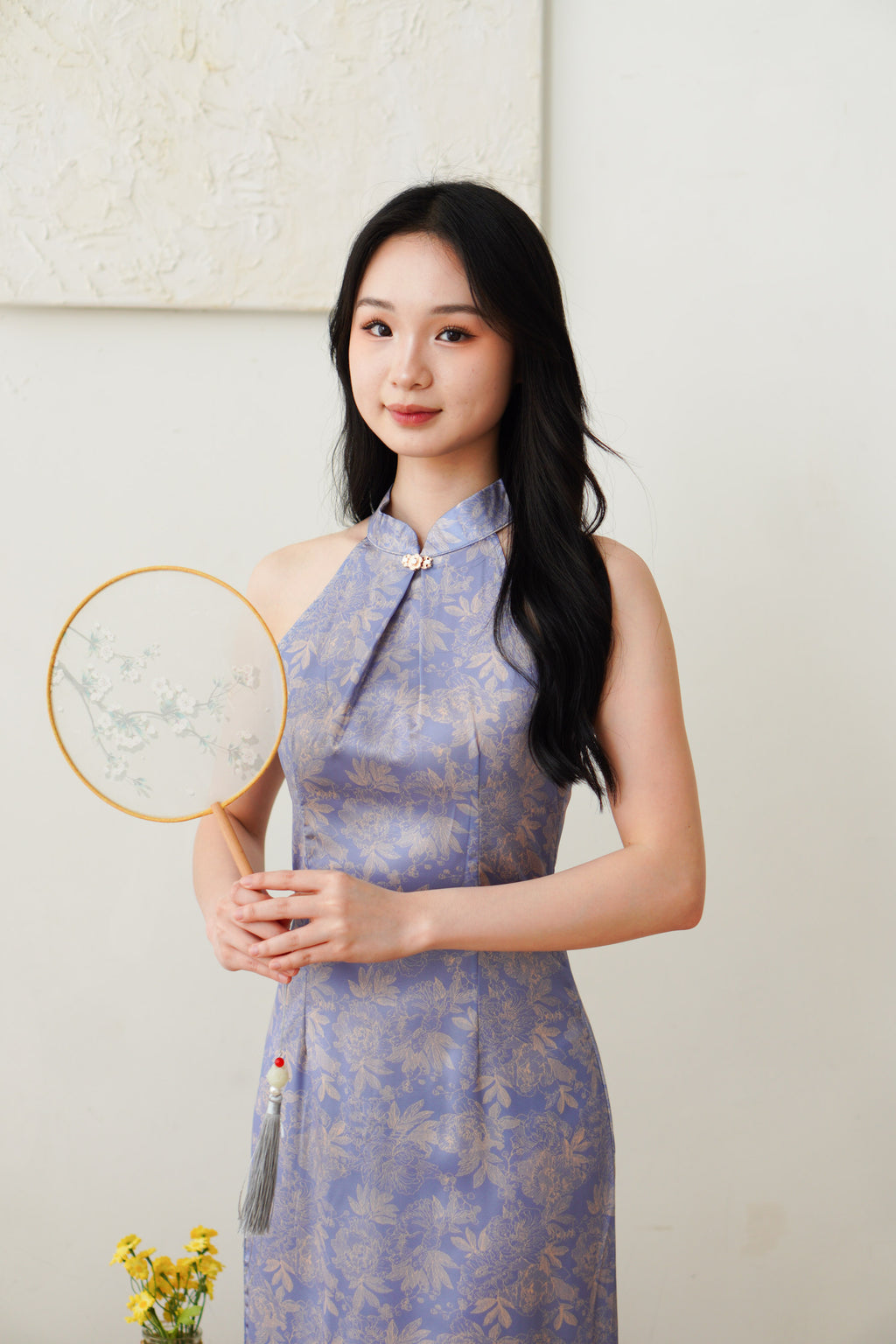 Qian Lan Halter Neck Floral Printed Cheongsam in Blue Purple