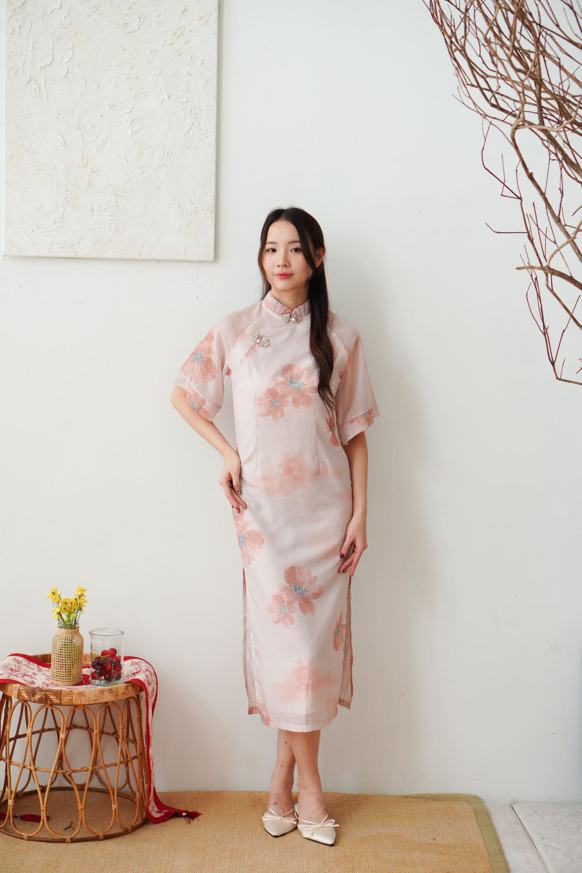 Xuan Wen Mid Sleeves Floral Maxi Cheongsam in Peach Pink