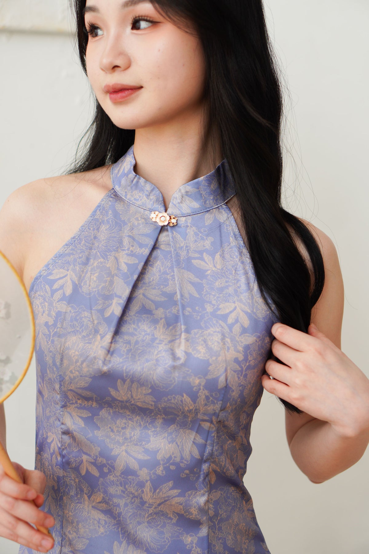 Qian Lan Halter Neck Floral Printed Cheongsam in Blue Purple