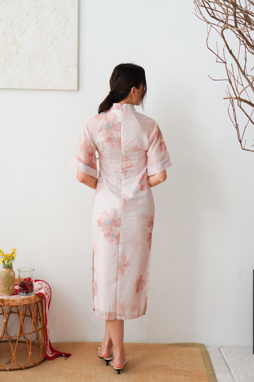 Xuan Wen Mid Sleeves Floral Maxi Cheongsam in Peach Pink
