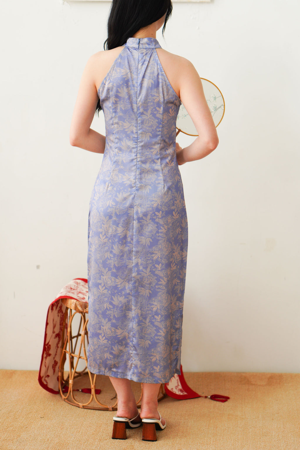 Qian Lan Halter Neck Floral Printed Cheongsam in Blue Purple
