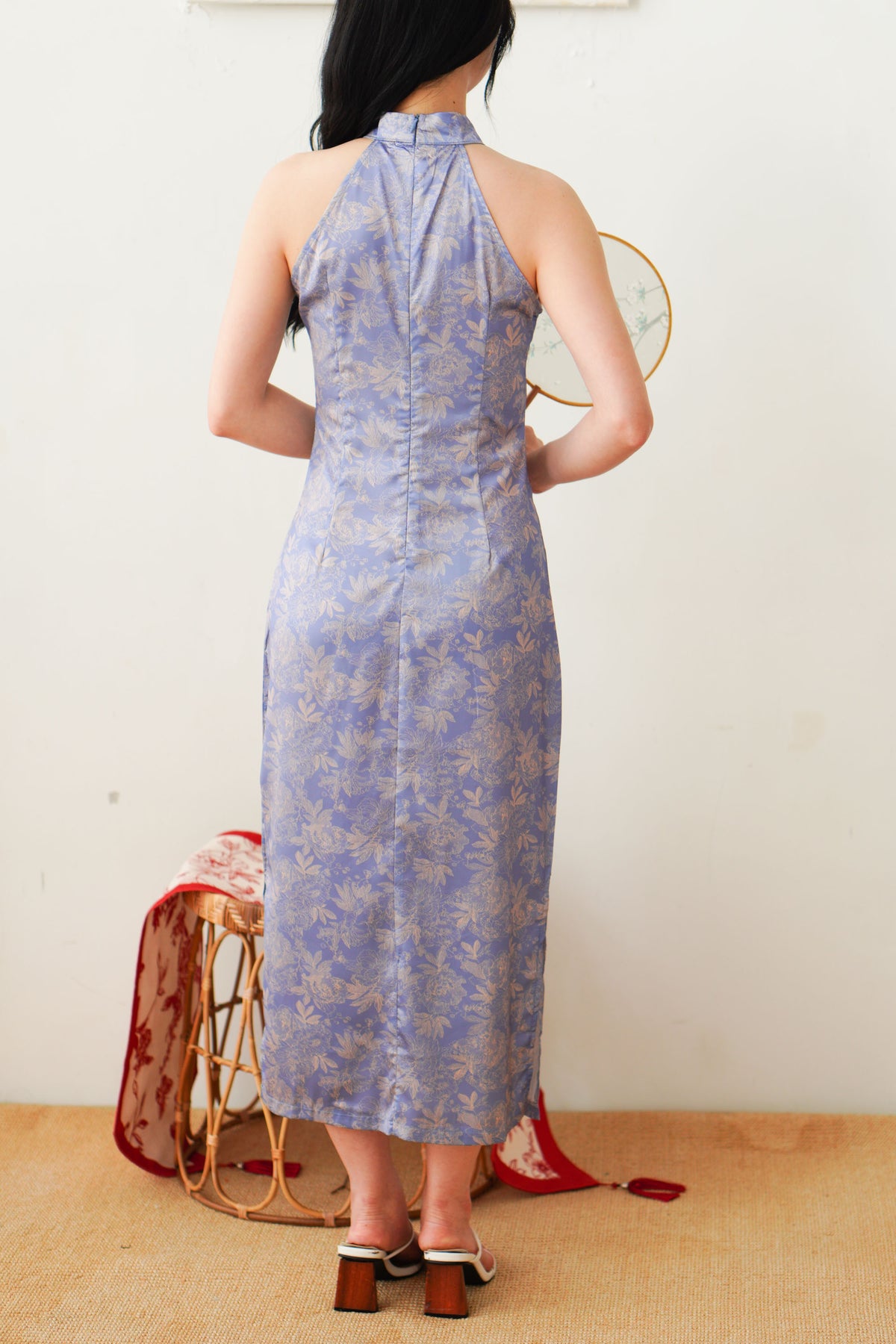 Qian Lan Halter Neck Floral Printed Cheongsam in Blue Purple