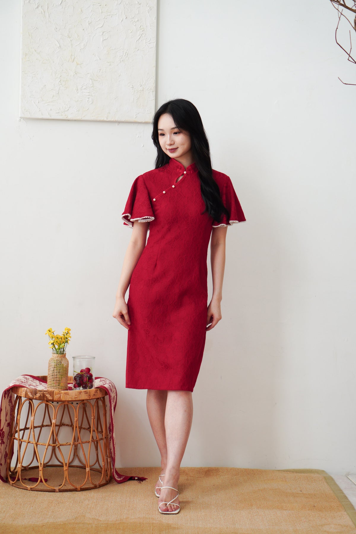Xiao Qing Flutter Sleeves Mini Cheongsam in Red