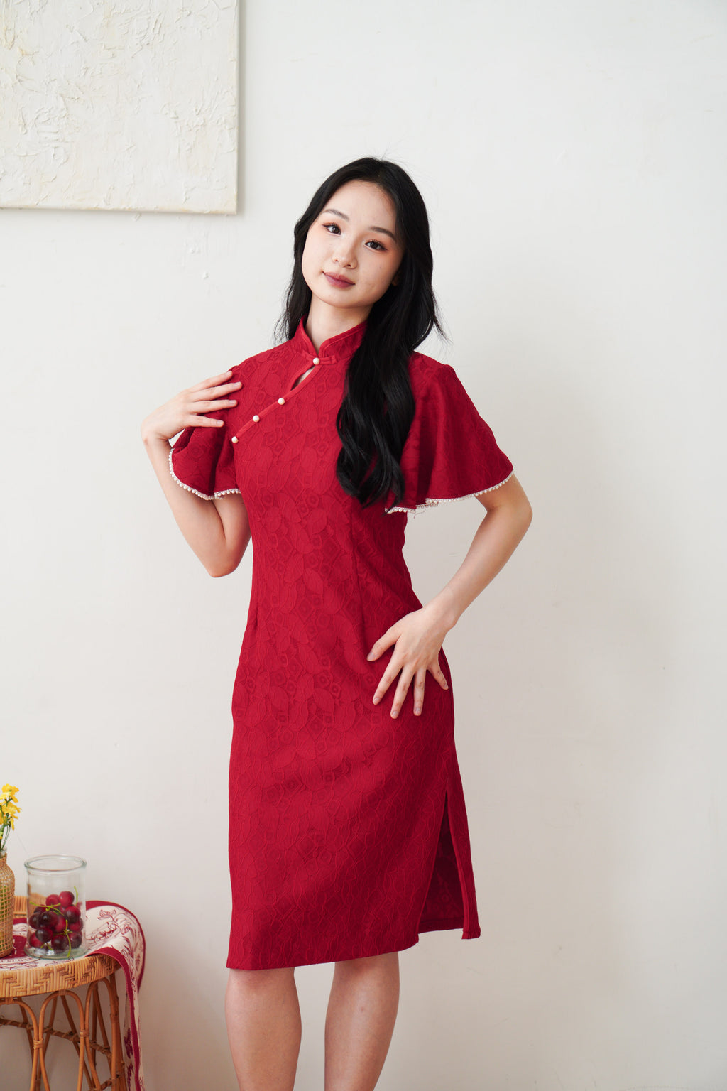 Xiao Qing Flutter Sleeves Mini Cheongsam in Red