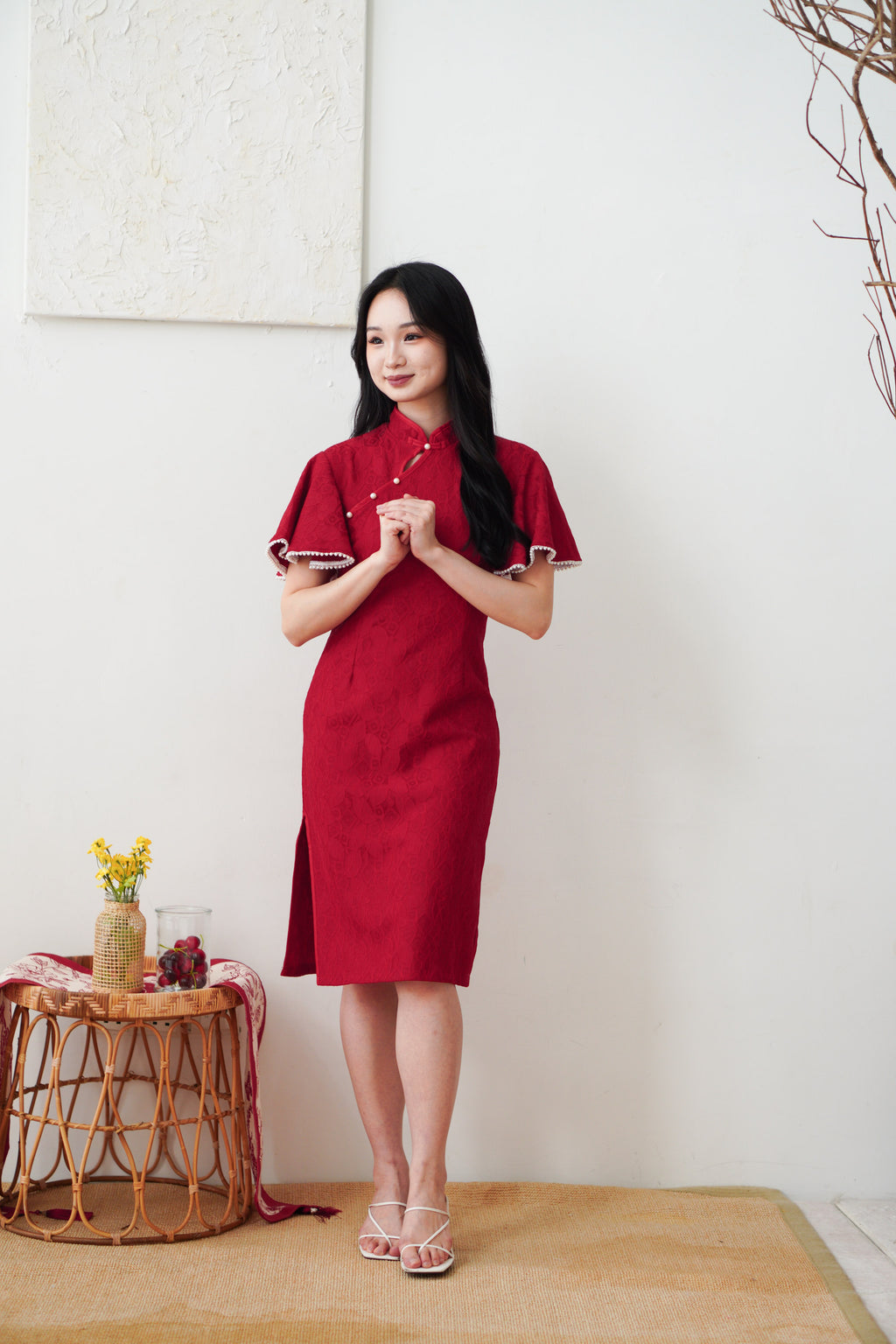 Xiao Qing Flutter Sleeves Mini Cheongsam in Red