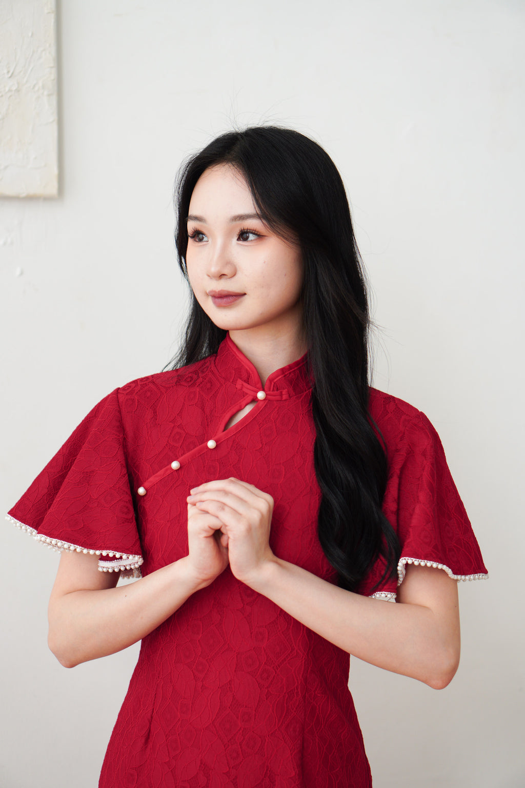 Xiao Qing Flutter Sleeves Mini Cheongsam in Red