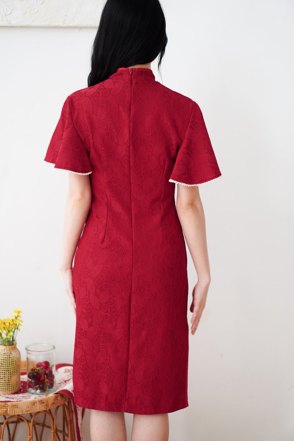 Xiao Qing Flutter Sleeves Mini Cheongsam in Red