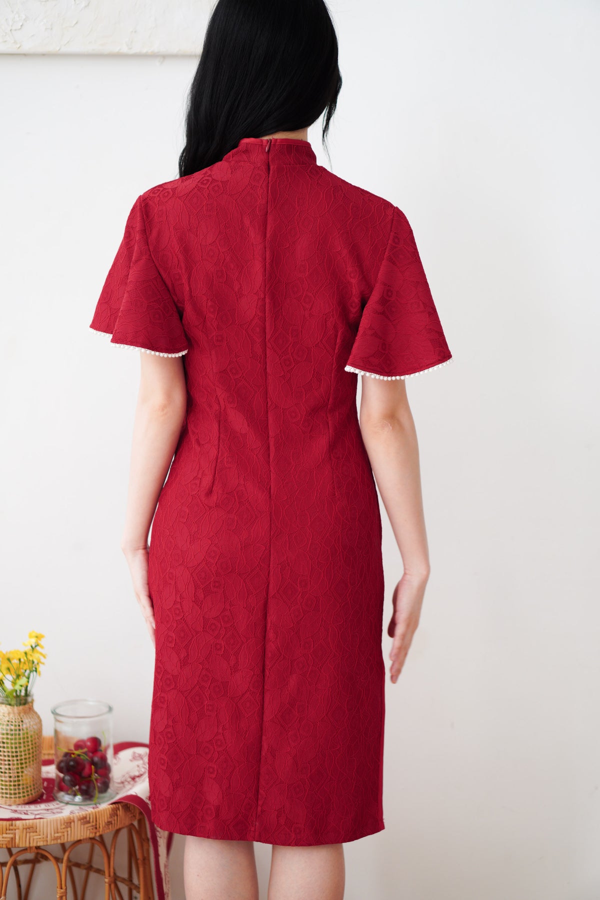 Xiao Qing Flutter Sleeves Mini Cheongsam in Red