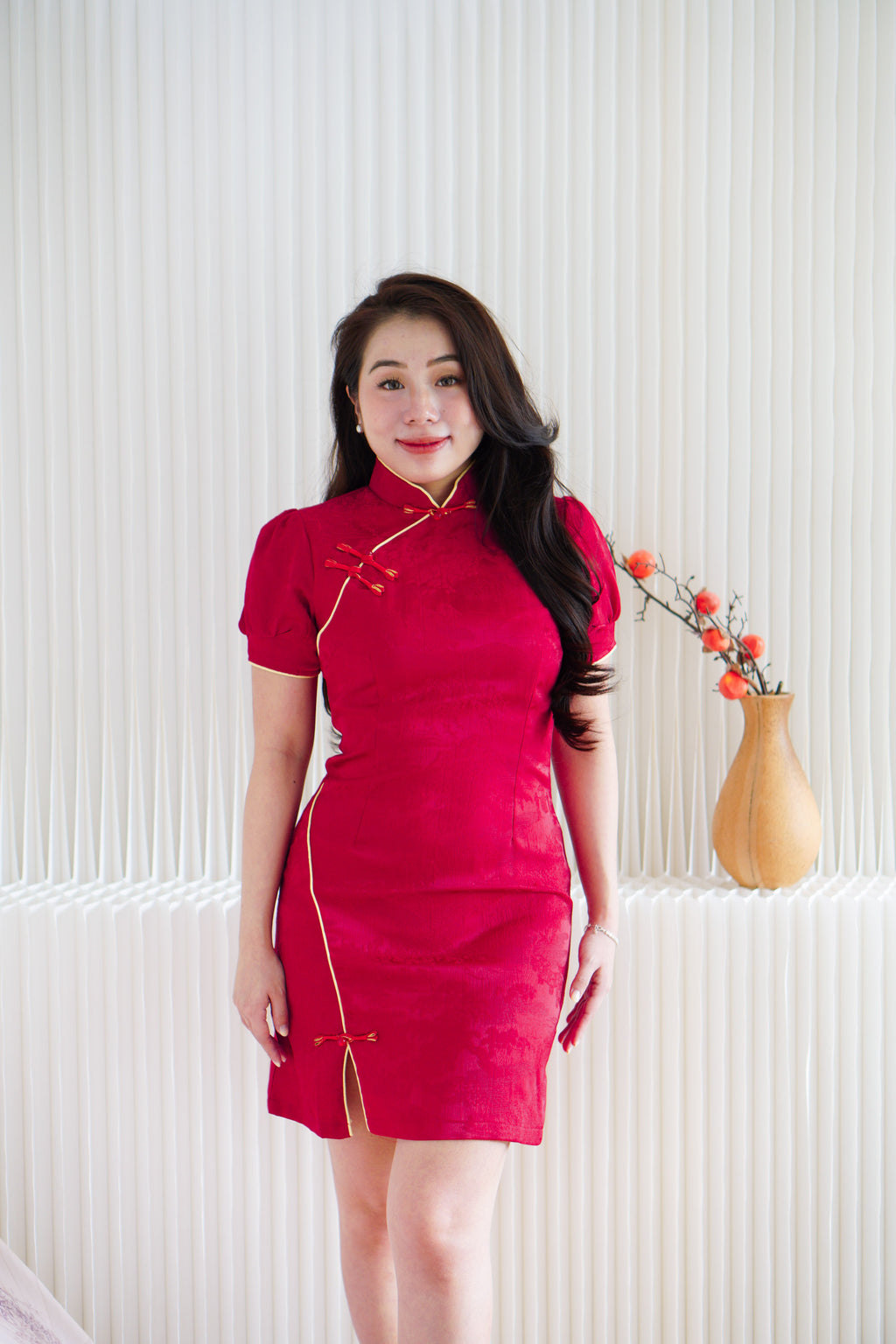 Xiao Ru Puffy Sleeves Mini Cheongsam in Red