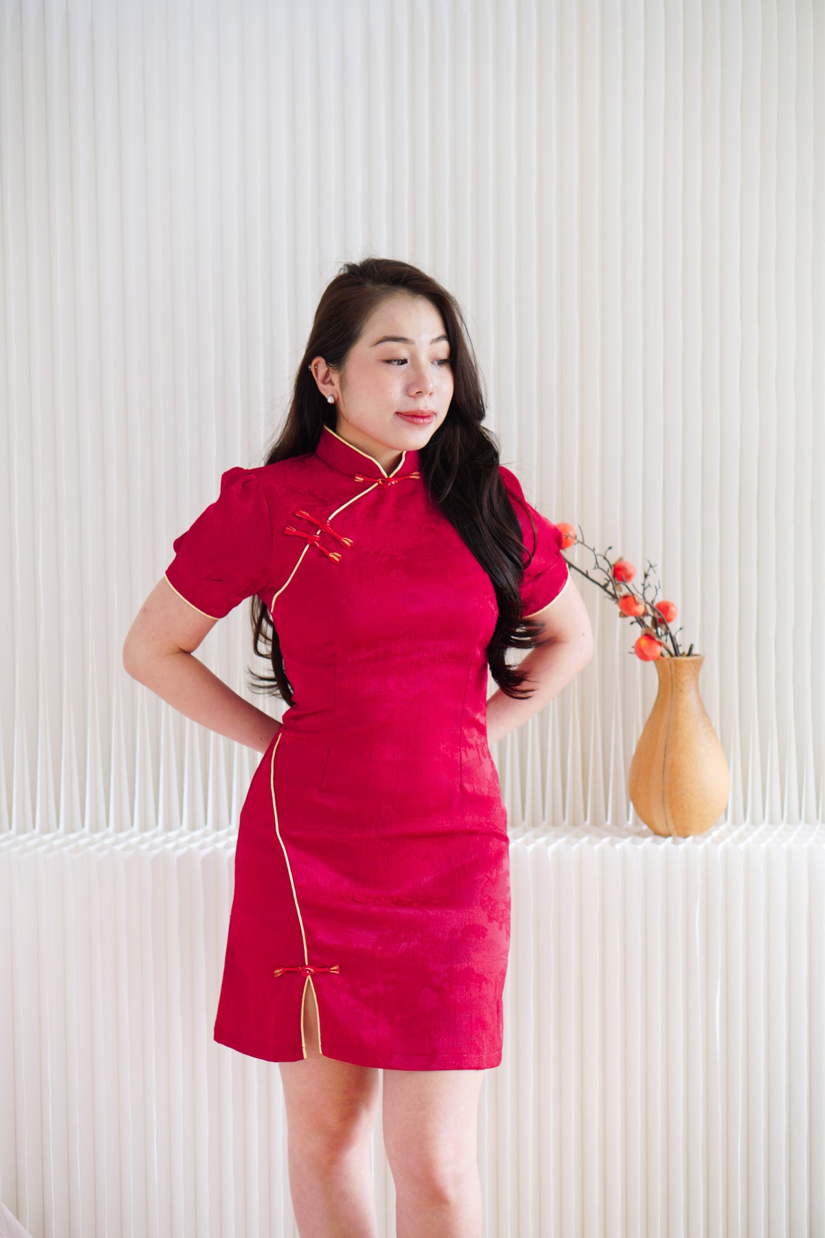 Xiao Ru Puffy Sleeves Mini Cheongsam in Red