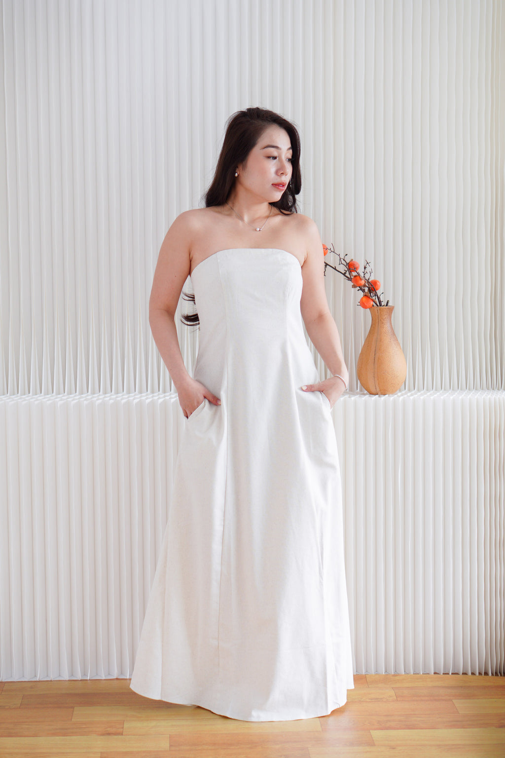 Elio Linen Maxi Tube Dress with Pocket in Light Beige