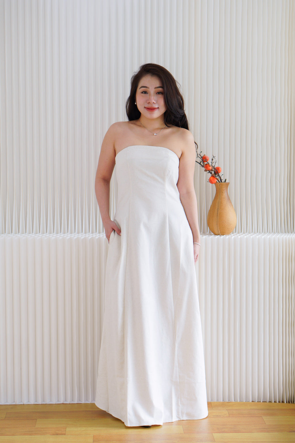 Elio Linen Maxi Tube Dress with Pocket in Light Beige