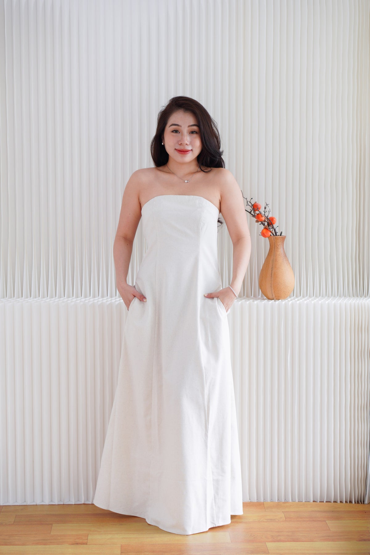 Elio Linen Maxi Tube Dress with Pocket in Light Beige