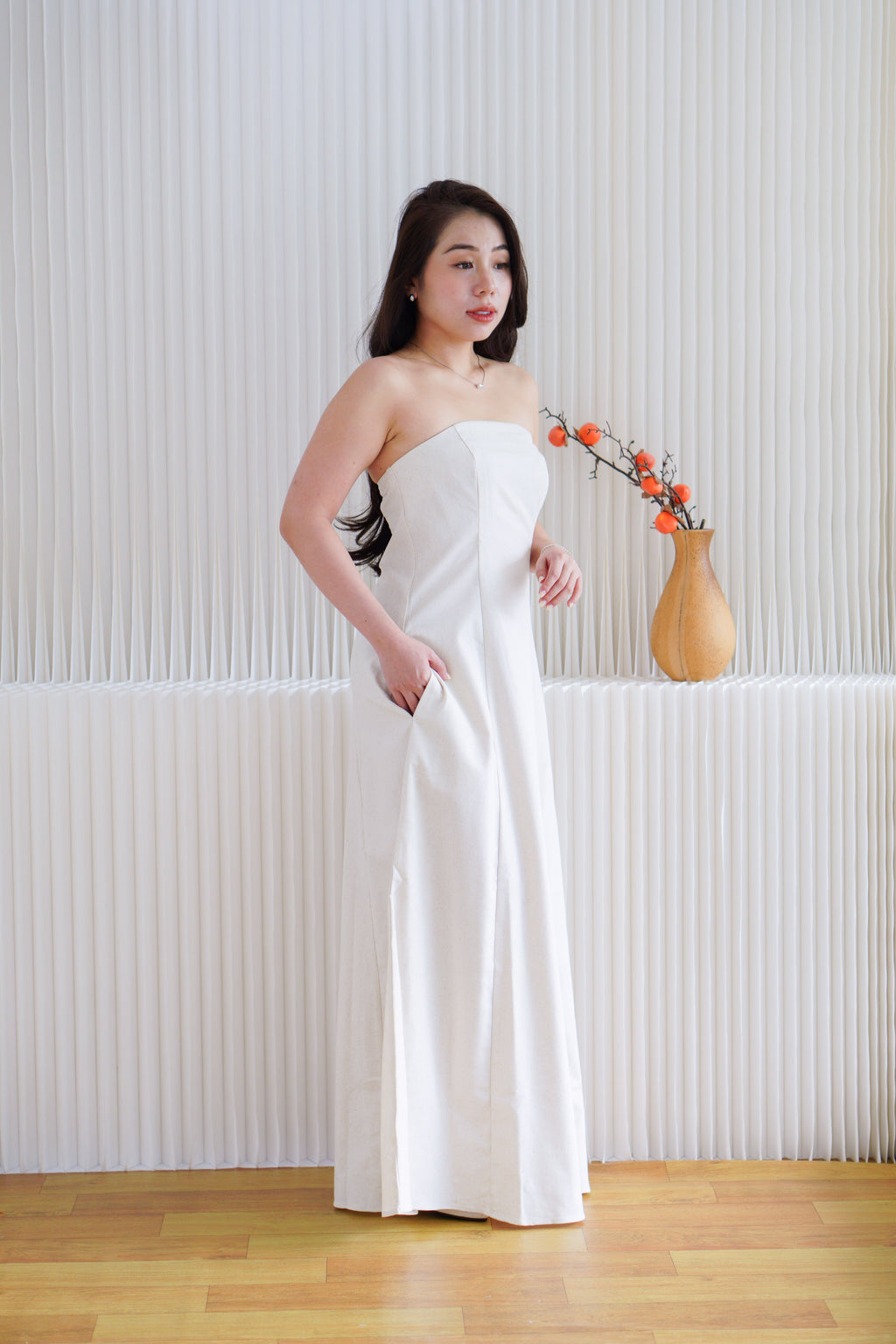 Elio Linen Maxi Tube Dress with Pocket in Light Beige