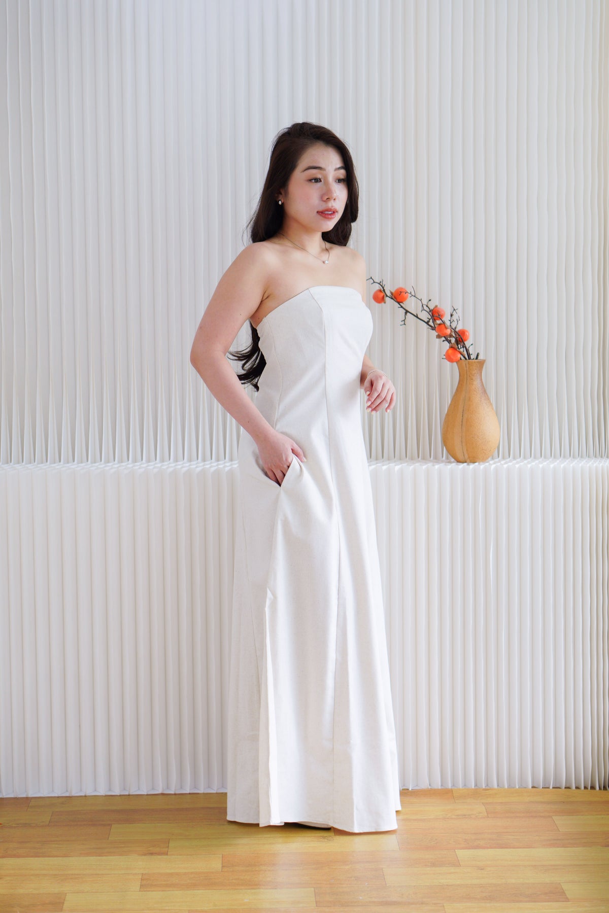Elio Linen Maxi Tube Dress with Pocket in Light Beige