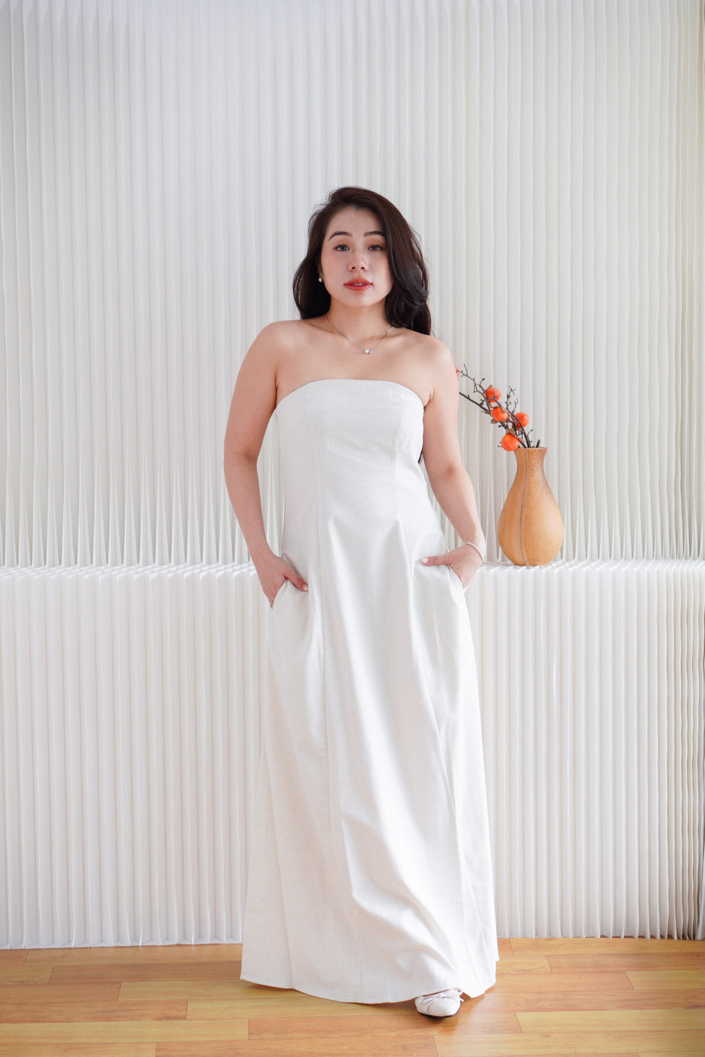 Elio Linen Maxi Tube Dress with Pocket in Light Beige