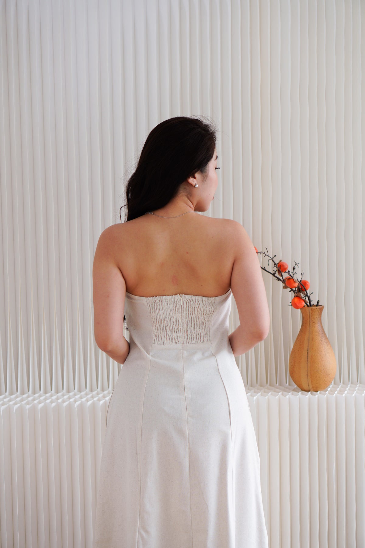 Elio Linen Maxi Tube Dress with Pocket in Light Beige