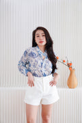 Primelle Floral Button Down Blouse Top in Blue