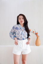 Primelle Floral Button Down Blouse Top in Blue