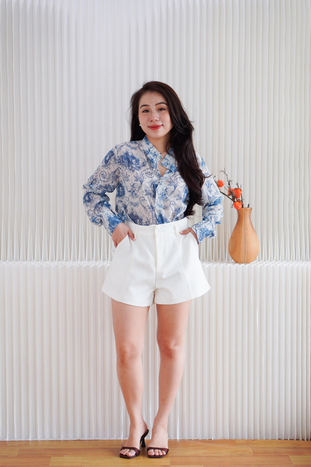 Primelle Floral Button Down Blouse Top in Blue