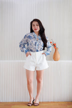 Primelle Floral Button Down Blouse Top in Blue