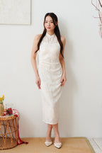 Yue Xi Halter Neck Ruched Waist Maxi Cheongsam in Cream