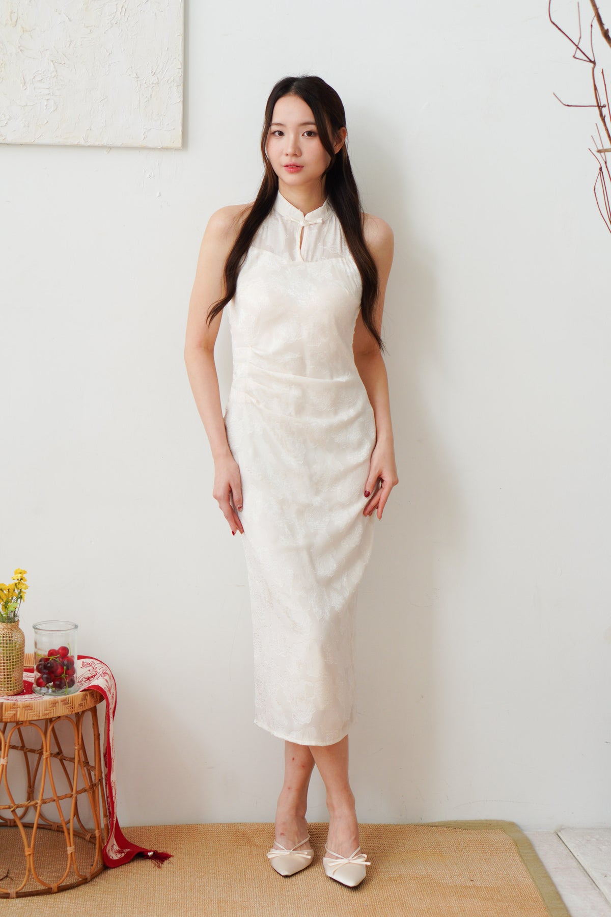 Yue Xi Halter Neck Ruched Waist Maxi Cheongsam in Cream