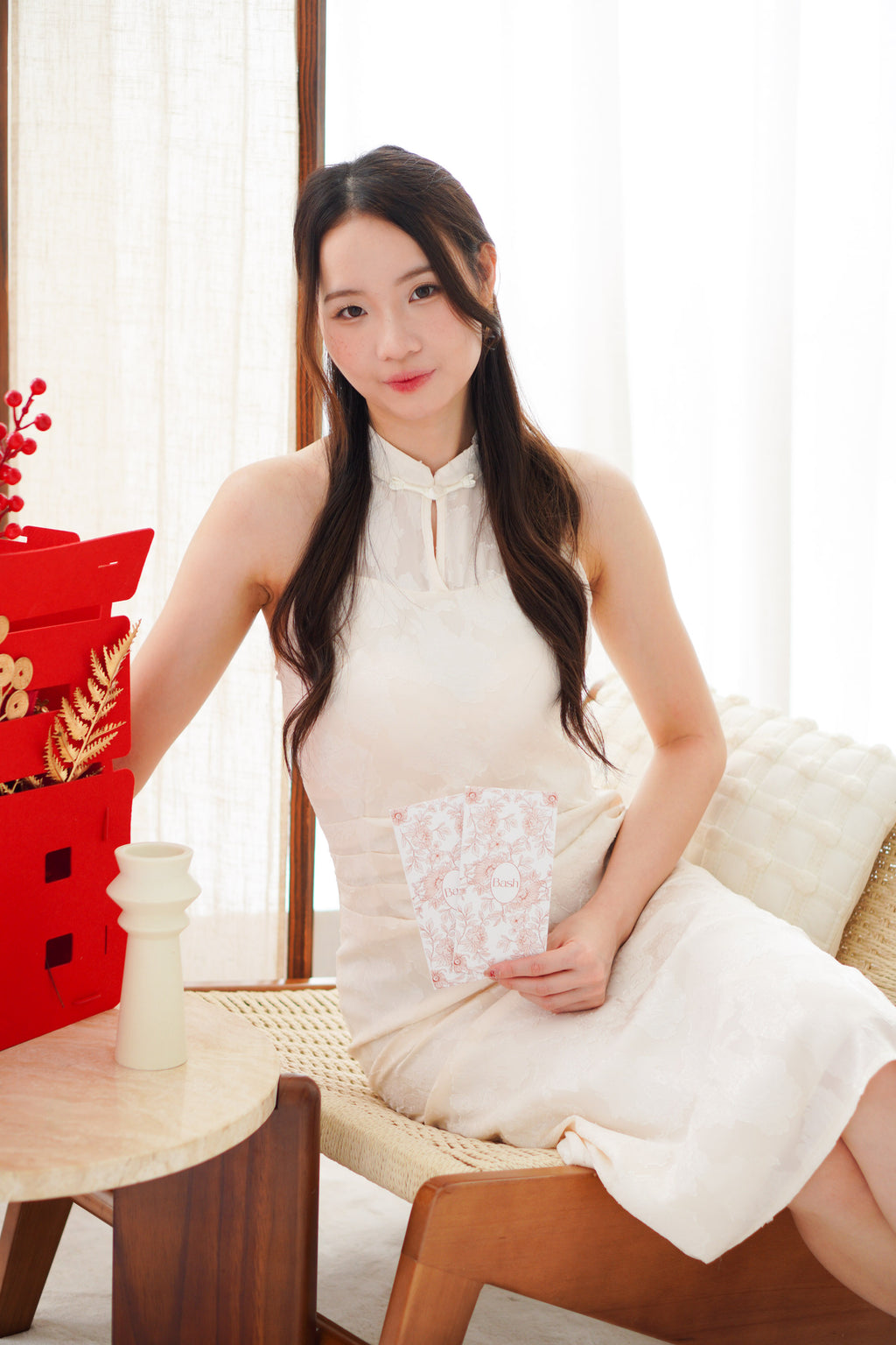 Yue Xi Halter Neck Ruched Waist Maxi Cheongsam in Cream