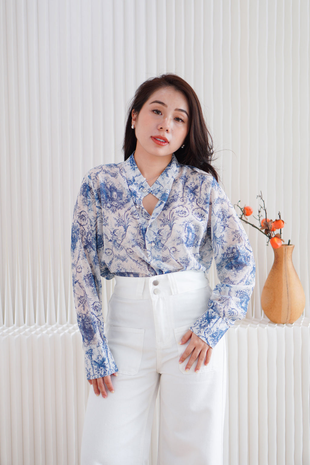 Primelle Floral Button Down Blouse Top in Blue