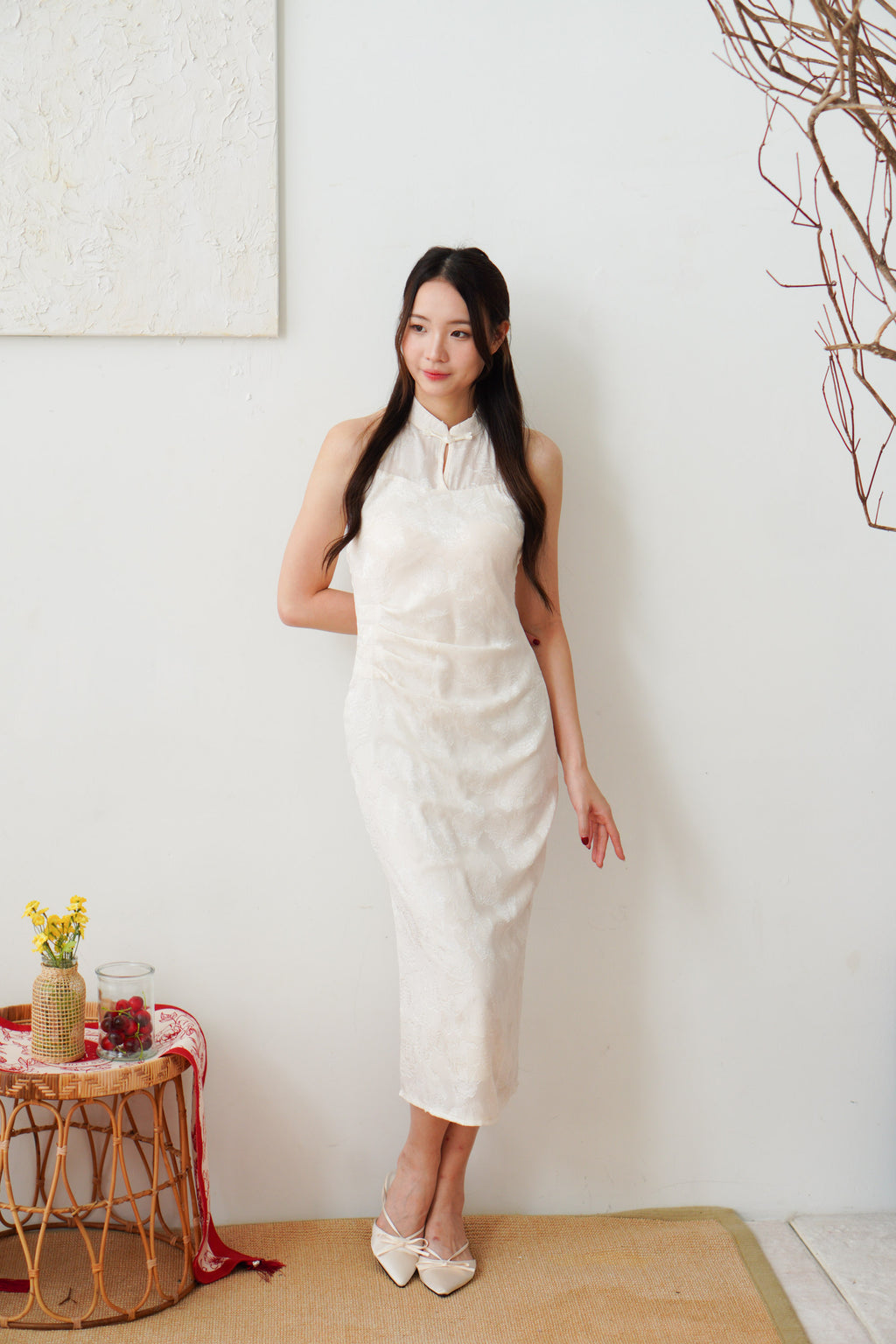 Yue Xi Halter Neck Ruched Waist Maxi Cheongsam in Cream