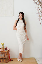 Yue Xi Halter Neck Ruched Waist Maxi Cheongsam in Cream
