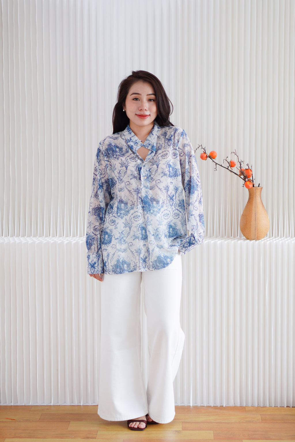 Primelle Floral Button Down Blouse Top in Blue