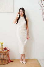 Yue Xi Halter Neck Ruched Waist Maxi Cheongsam in Cream