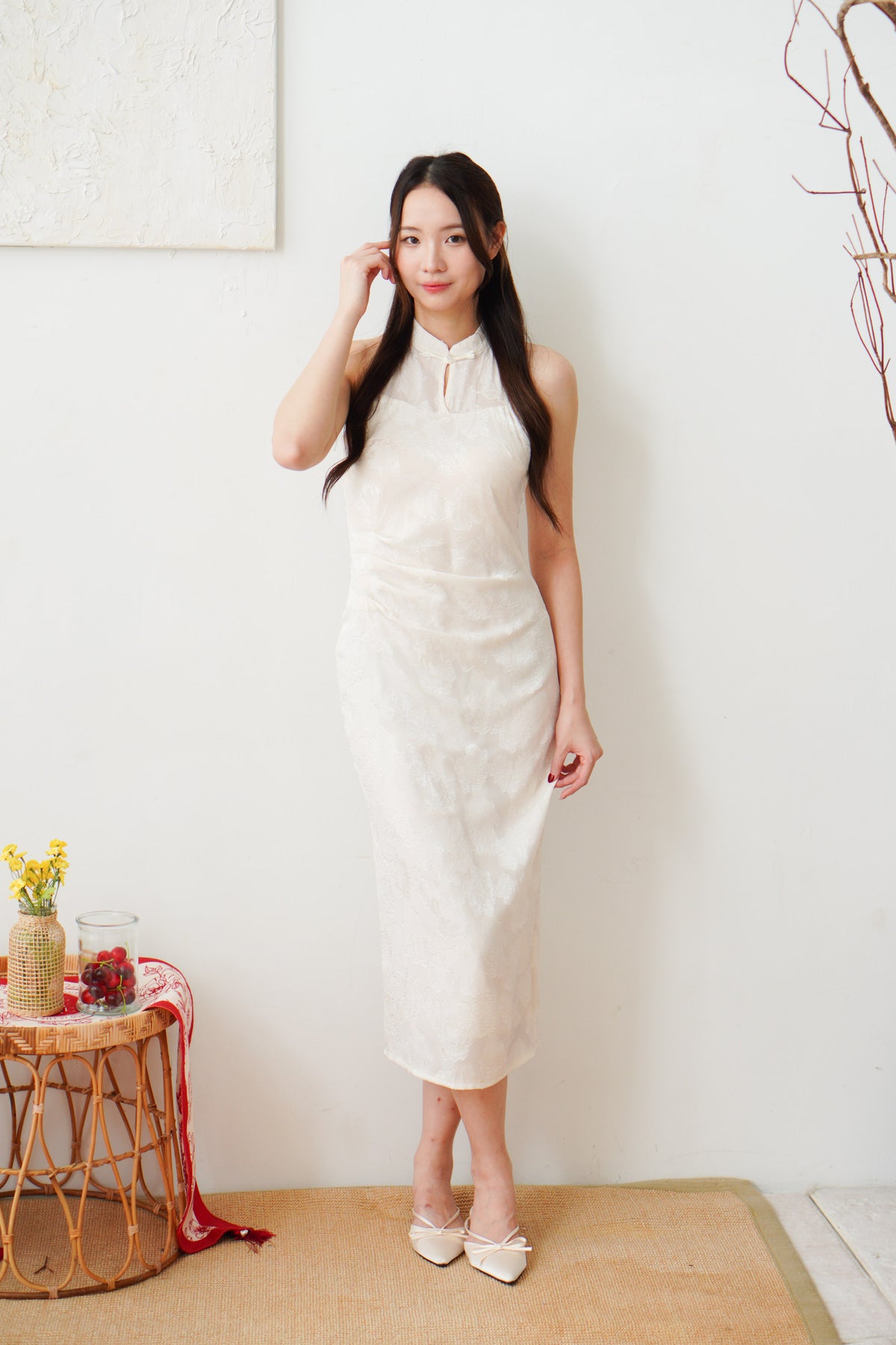 Yue Xi Halter Neck Ruched Waist Maxi Cheongsam in Cream
