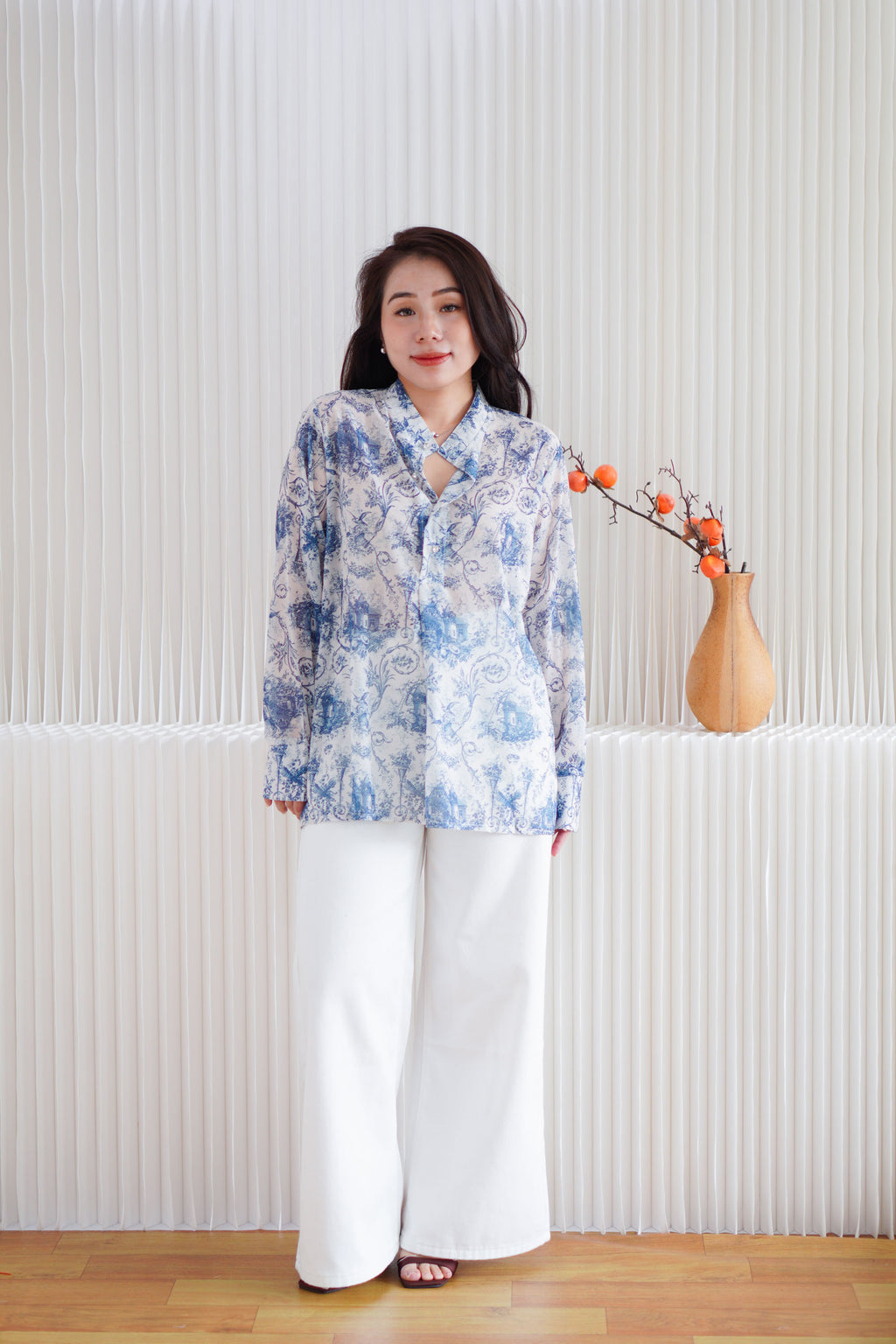 Primelle Floral Button Down Blouse Top in Blue
