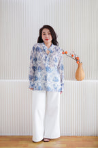 Primelle Floral Button Down Blouse Top in Blue