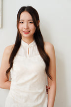 Yue Xi Halter Neck Ruched Waist Maxi Cheongsam in Cream