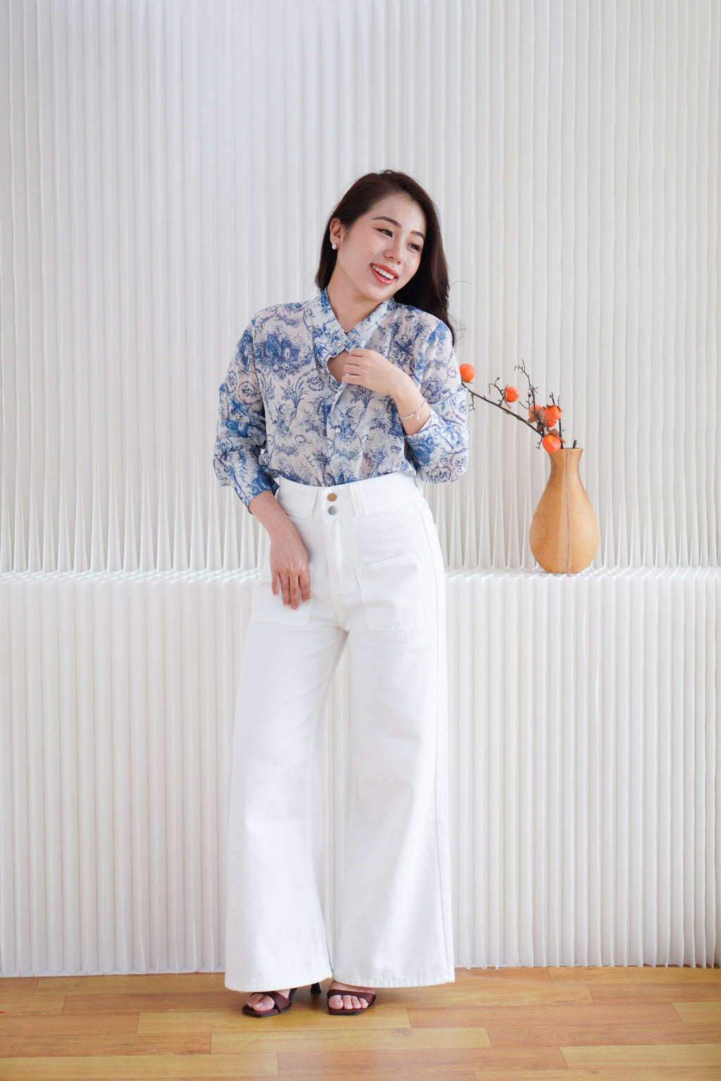 Primelle Floral Button Down Blouse Top in Blue