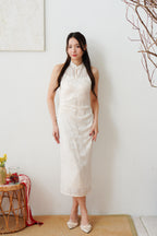 Yue Xi Halter Neck Ruched Waist Maxi Cheongsam in Cream