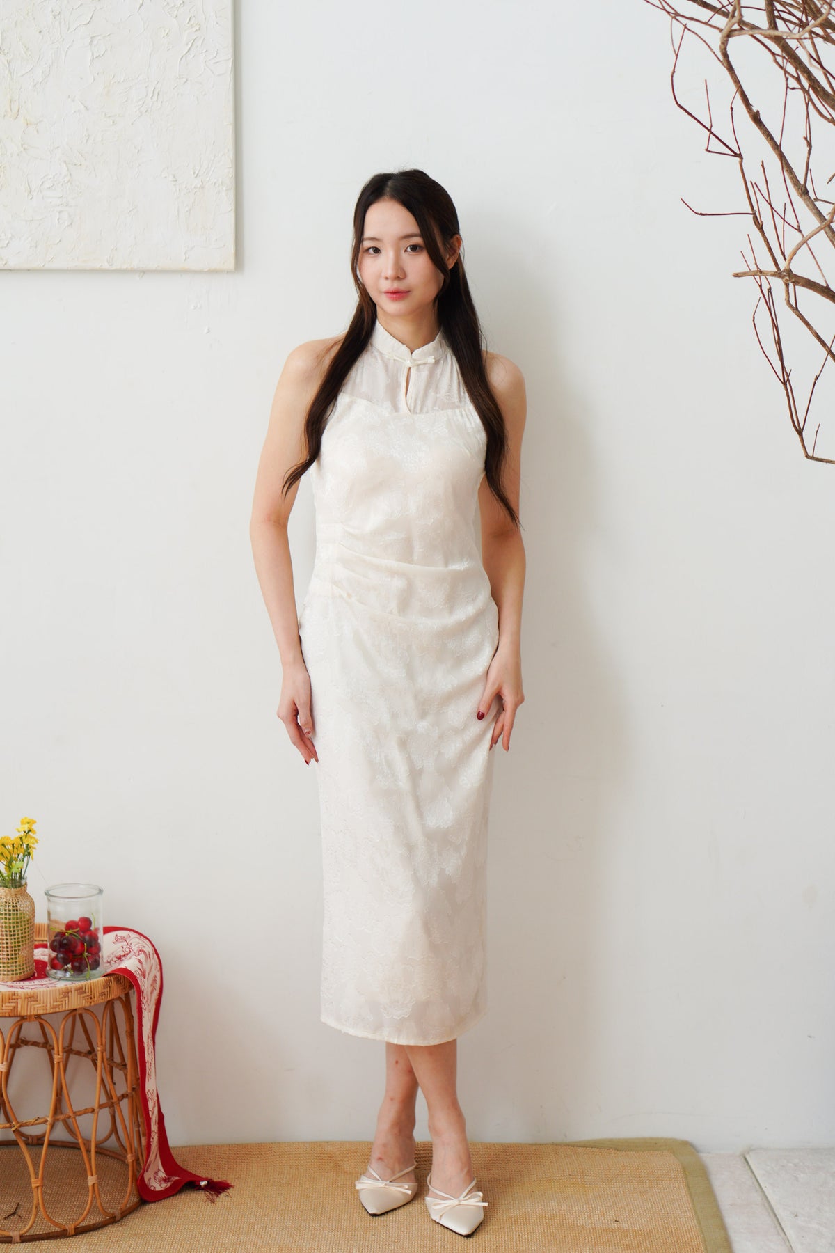 Yue Xi Halter Neck Ruched Waist Maxi Cheongsam in Cream